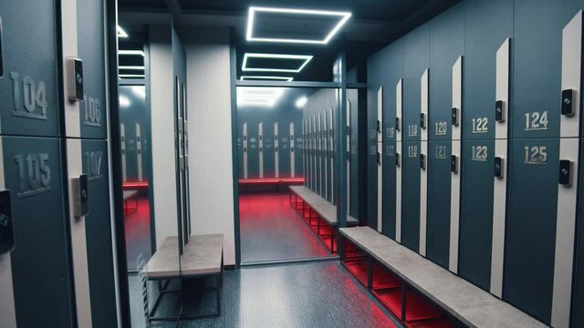At the locker room. Modern locker room in loft interior with dark cabinets. Interior of a locker changing room at the modern loft gym. Interiors, sport, gym, club, mirror, locker, bench concept