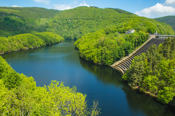 Fototapeta premium Urft Dam (Urfttalsperre) with Urft Lake at Eifel National Park in North Rhine-Westphalia, Germany.