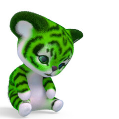 cute tiger cartoon seated and sad in white background with copy space