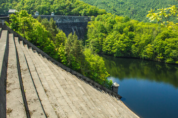 Fototapeta premium Urft Dam (Urfttalsperre) with Urft Lake at Eifel National Park in North Rhine-Westphalia, Germany.