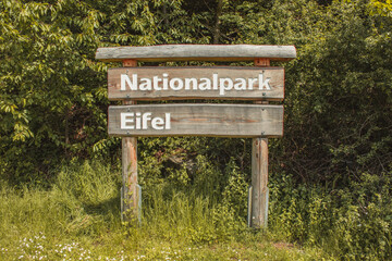 Nationalpark Eifel. Wooden information sign to Eifel National Park in North Rhine-Westphalia, Germany