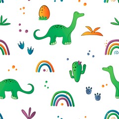 Seamless pattern with lovely dinosaur items. Dino colorfull print for kids decor. Vector illustration.