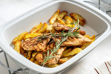 Chicken with roasted potatoes, laid out on a white platter. Decorated with rosemary.