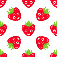 Red cute strawberry in love emoticon  seamless pattern on white background vector for St.Valentines Day cards, banners, wrapping paper, posters, scrapbooking, pillow, cups and fabric design. 