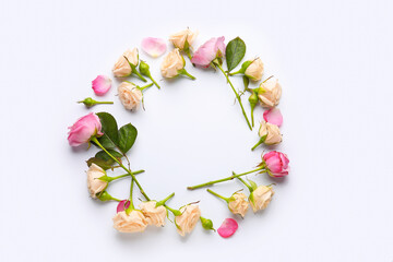 Frame made of beautiful roses on light background