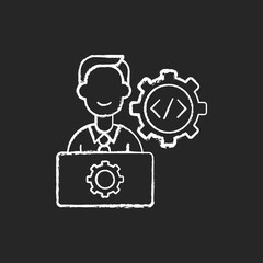 IT department chalk white icon on black background. Computer network systems installation and maintenance. Responsibility for hardware, software. Isolated vector chalkboard illustration