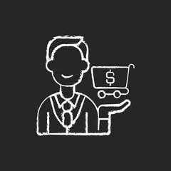 Purchasing department chalk white icon on black background. Responsibility for buying goods, products. Inventory management. Identifying reliable suppliers. Isolated vector chalkboard illustration