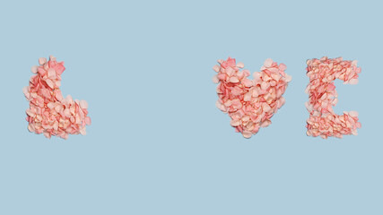  Word love from pink petals on blue paper background.High quality photo