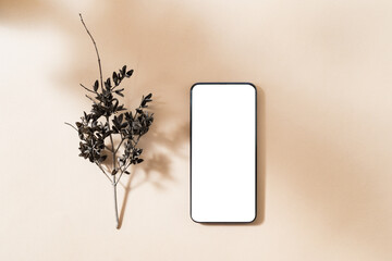 Flat Lay mockup of smartphone with blank screen on color background and contrast shadows