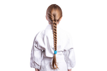 Girl in a kimono judo. From the back, with hair in a braid. Isolated on white background.
