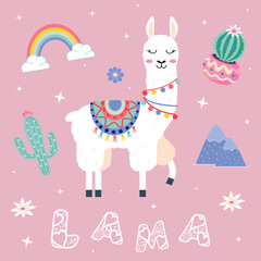Cute cartoon lama with cactus rainbow vector design on pink