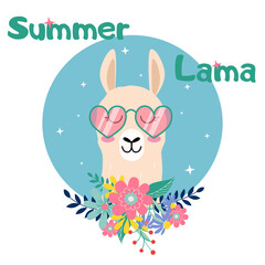 Cute cartoon lama head with flowers Summer Lama vector design on blue