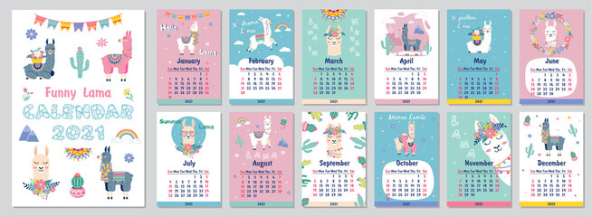 2021 Cute monthly calendar with llama,luggage,cactus,geometrical for children.Can be used for web,banner,poster,label and printable © Наталья Пшеничная