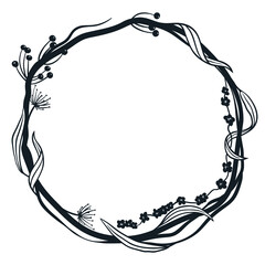 Vintage frame with curly flowers, leaves and berries. Ikebana frame with a plant composition. Hand-drawn vintage wreath. Vector illustration on isolated white background