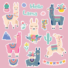 Cute cartoon sticker lama set with cactus rainbow mountains vector design on white © Наталья Пшеничная