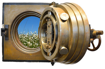A photo illustration depicting the value of nature, a field of lowers seen through thr door of a safe