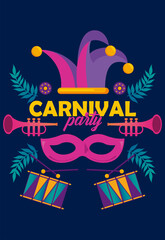 mardi gras carnival party celebration with instruments and jester hat