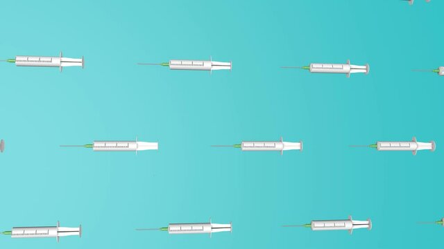 a three-dimensional model of a disposable syringe rotates on a turquoise background. abstract looping animation. 3d render
