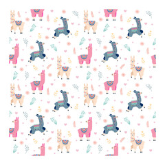 Cute pattern lama with flowers vector design on white © Наталья Пшеничная