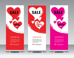 Valentine's day Sale Roll Up banner design, Happy valentine's day Roll Up Banner template, Valentines Sale banner stand or flag design layout, Valentine Standee Design, Presentation, poster, vector