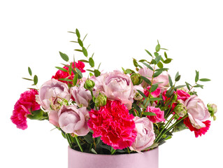 Gift box with beautiful flowers on white background