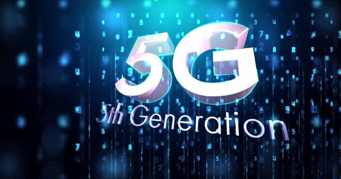 Animation of 5g 5th generation text over glowing numbers changing