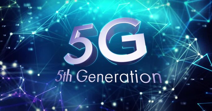 Animation of 5g 5th generation text over glowing network of connections