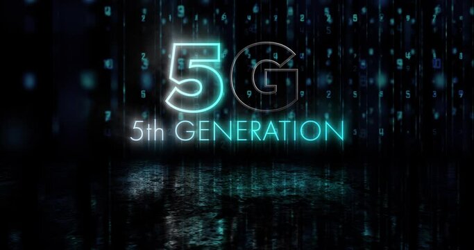 Animation of flickering 5g 5th generation text over glowing numbers changing