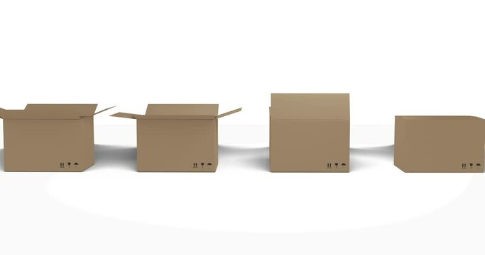 Seamless row of brown cardboard boxes with lids closing on white background