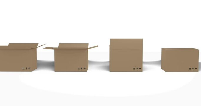Seamless row of brown cardboard boxes with lids opening on white background