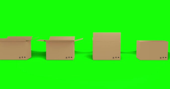 Seamless row of brown cardboard boxes with lids opening on green screen background