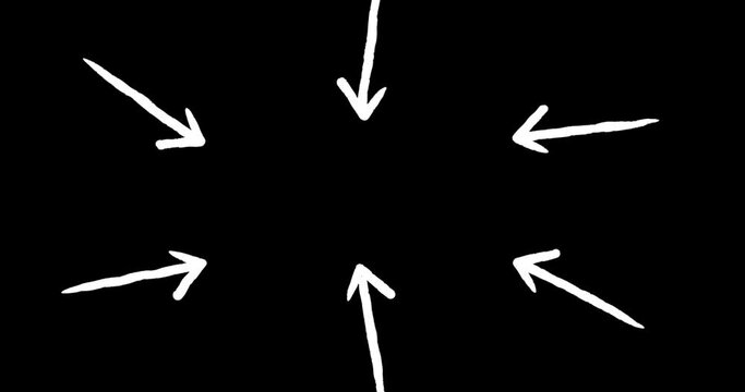 Animation of six white arrows pointing inwards on black background