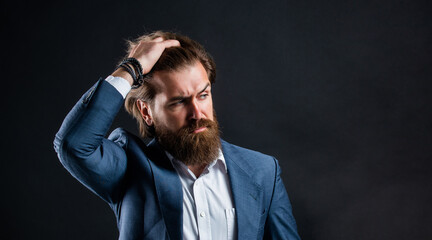 Man bearded hipster modern outfit for business life, solving problems concept