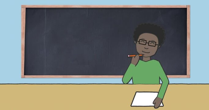 Animation of illustration of schoolboy sitting at desk and writing with blackboard in background