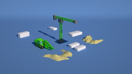 Excavator and crane working on a construction site, colored architectural design elements. 3d illustration, layout of the construction site.