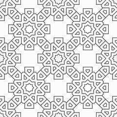 Abstract seamless pattern of intersecting geometric shapes. Arabic, oriental ornament. Geometric lattice. Repeating linear stylish texture. Vector monochrome background.