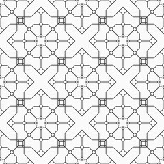 Abstract seamless pattern of intersecting geometric shapes. Arabic, oriental ornament. Geometric lattice. Repeating linear stylish texture. Vector monochrome background.