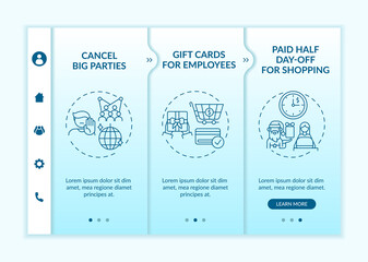Covid-friendly office Christmas events onboarding vector template. Big events cancellation. Gift cards. Responsive mobile website with icons. Webpage walkthrough step screens. RGB color concept