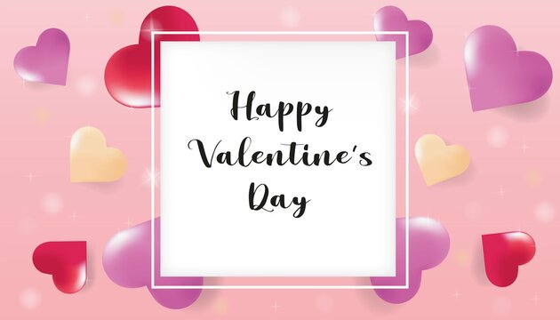 Valentine's day concept. Background with red, pink, yellow hearts with text. Sale banner or greeting card. Vector illustration.