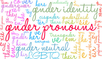 Gender Pronouns Word Cloud on a white background. 