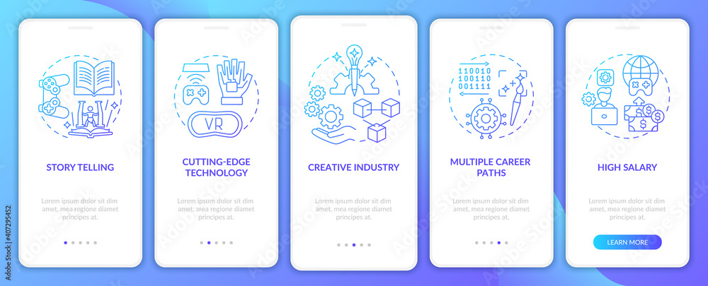 Poster game design industry benefits onboarding mobile app page screen with concepts. high salary walkthrou