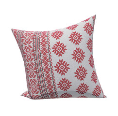 A bright cotton pillow with a red national ornament on a white background, highlighted on white. 3D-rendering