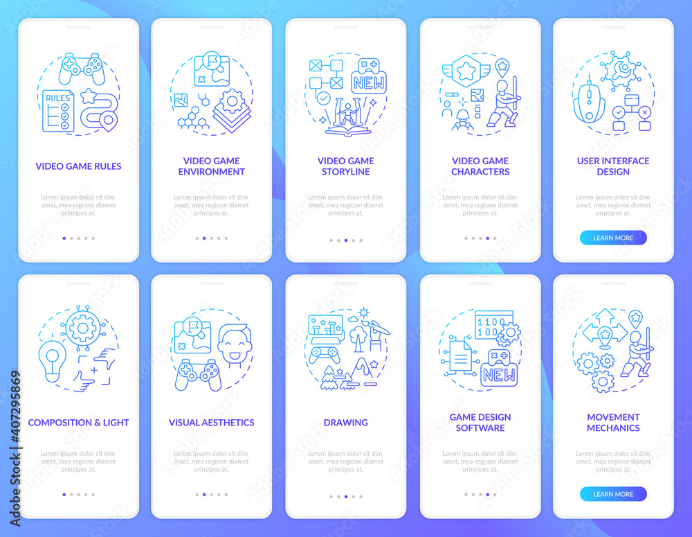 Poster video game design onboarding mobile app page screen with concepts set. video game creation process w
