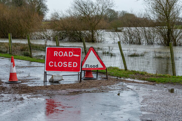Road Closed and Flood signage in the rural village of Breighton due to flooding caused by Storm...