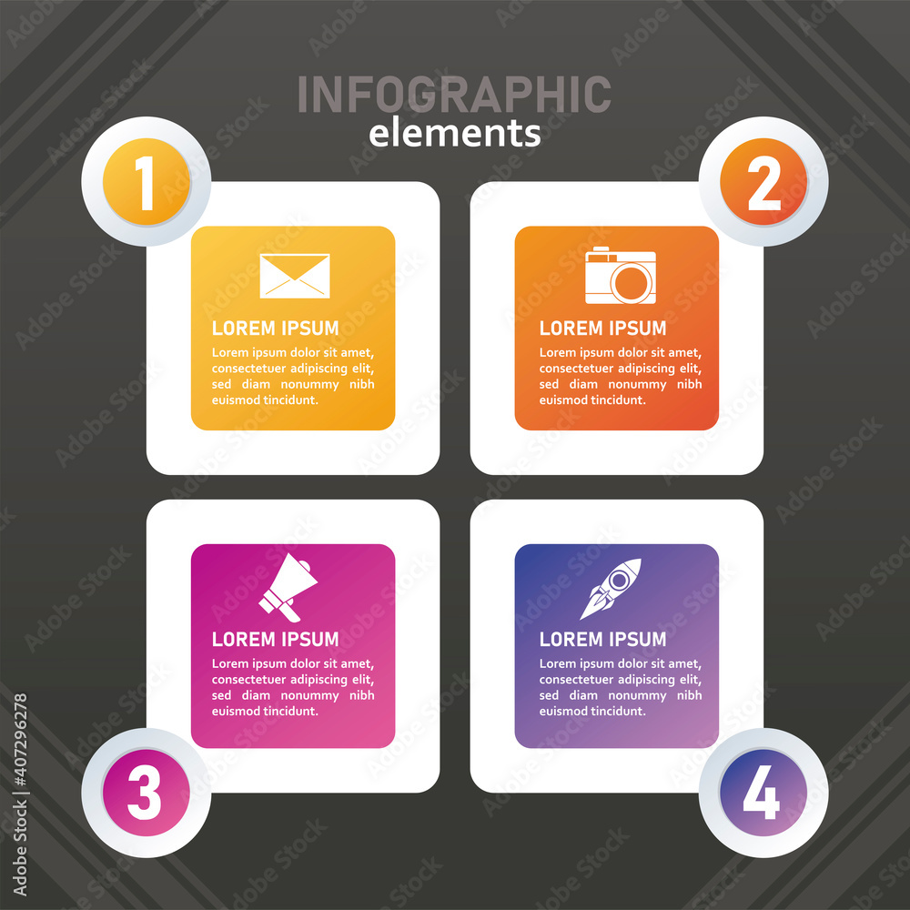 Poster statistics infographics steps with numbers and squares in black background