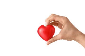 Hand with red heart on white background