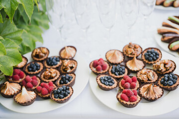 Candy bar with tasty desserts and appetizers at wedding reception. Decorated with flower compositions and candles. Sweet food, dessert, buffet, catering table, restaurant.