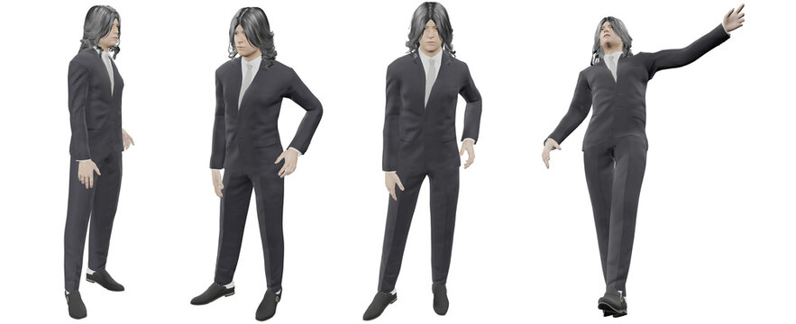 3d illustration Asian men with long black hair photo set Wear best gray tie suit Standing posture and arms attached to the waist. A confident expression With cutting path