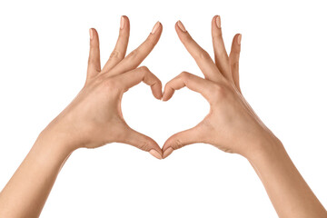 Hands making heart on white background