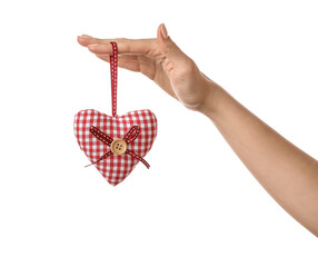 Hand with decorative heart on white background